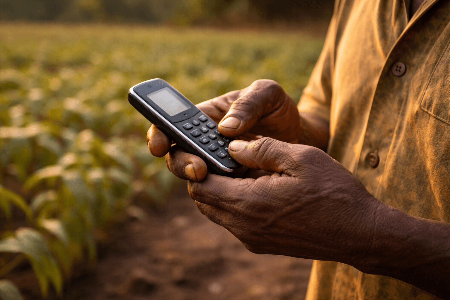 Farmer dialing USSD on a basic phone